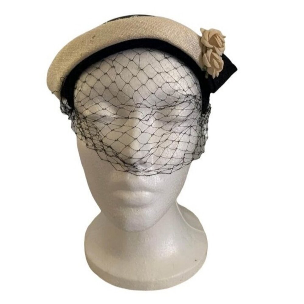 Vintage Womens Black & Ivory Pillbox Hat W/ Veil Velvet Edging & Floral Accent